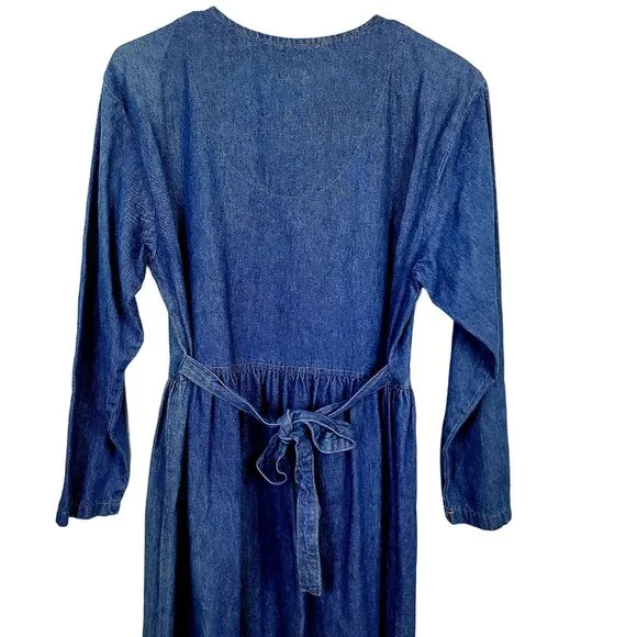 Vintage 90s Denim Midi Dress Women Medium Teacher Embellished Rhinestone 8 10 M - Picture 13 of 16